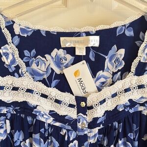 Eileen West Blue and White Floral Pajama Set with Lace Trim